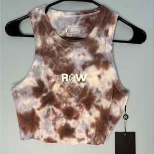 RawGear 3D “RAW” Print Crop Tank Size Large Tie Dye Print Raw Hem Gym Workout